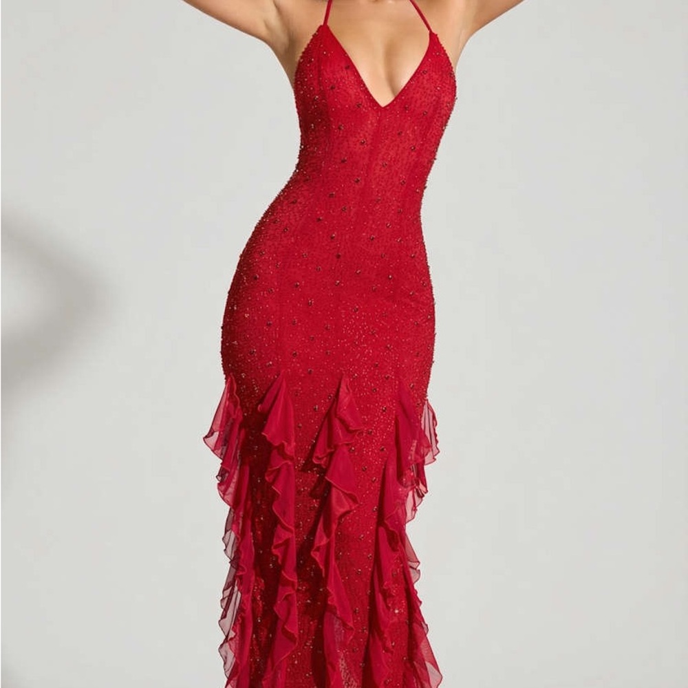 Anley Embellished Halter Neck Ruffle Maxi Dress in Red